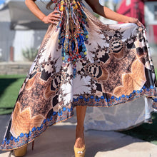 Connie's ***LIMITED*** "ROYAL BLUE THAI TEMPLE PRINCESS 🌺🛕🌺" SILKY RHINESTONE 💎 ACCENT RAYON High Low Maxi, Eye Hook Opening Back and Chest, Cinchable tie front