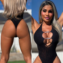 Connie's LIMITED "Sophisticated BAD GIRL DEEP PLUNGE THONG Bodysuit" Black with SILVER 💎CHAIN💎 Accent, Full Stretch Fabric