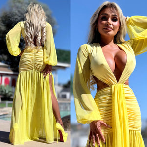 Connie's "EXOTIC YELLOW DAISY 🌴 Island Princess Maxi" Stretch Fit, Lined Upper and Lower, See thru Arms and Legs, One Thigh Opening🥂 Made in USA