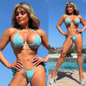 Connie's EXCLUSIVE "TIFFANY BLUE 💎 RHINESTONE Thong Bikini" With Real Rhinestones, Adjustable Top and Bottoms, Double Fabric Lined  💎💎💎