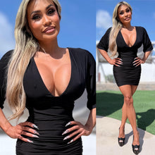 Connie's EXCLUSIVE "MARILYN'S 3/4 Sleeve RICH RUCHED MINI" BLACK MARTINI 🍸 SHEEN, NO BRA NEEDED with DOUBLE FABRIC SUPPORT .... Made in USA