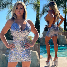 Connie's "GUNMETAL Princess" STRETCH Fit Sequin Evening Halter MINI with Deep Plunge
