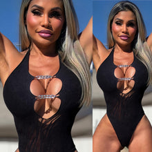 Connie's LIMITED "Sophisticated BAD GIRL DEEP PLUNGE THONG Bodysuit" Black with SILVER 💎CHAIN💎 Accent, Full Stretch Fabric