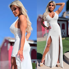 CONNIE'S *LIMITED* "WHITE RESORT DOUBLE SLIT MAXI" V Neck Plunge, DOUBLE SPLIT Thighs, Super Stretch Fit Fabric