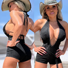 Connie's LIMITED!!! "BLACK SUEDE and Silver Studs WESTERN ROMPER" Suede Belt Silver Buckle, DEEP PLUNGE STRETCH X SUEDE, Adjustable Chest Tie