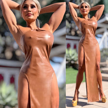 Connie's LIMITED EXCLUSIVE "DARING DOUBLE SPLIT MIDI" TAN Stretch X-Leather, EXTREME Double Thigh Split