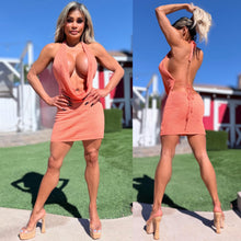 Connie's SEMI SHEER-ish "SWEET PEACH KNIT COWL PLUNGE MINI" Adjustable halter and back Tie for a Perfect fit