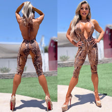 Connie's EXCLUSIVE "ELEGANT SNAKE Print CAPRI JUMPSUIT 🍸" EXTREME CHEST PLUNGE, Stretch Fabric, Adjustable Neck tie Backless Halter