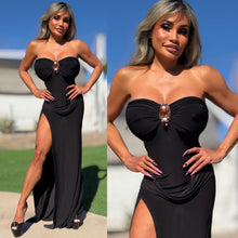 Connie's  LIMITED "BLACK LUXURY RESORT MAXI" EXTREME Single Thigh Cut and GOLD Accent, Stay Put Strappless