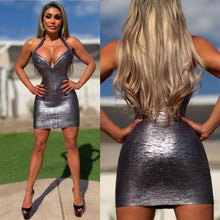 Connie's GUNMETAL METALLIC EXCLUSIVE (COMPARE at Department Stores $199) "CHEST POPPIN BANDAGE MINI" TIGHT and BODY SHAPING, DEEP CHEST, SHORT HALTER, NO BRA NEEDED