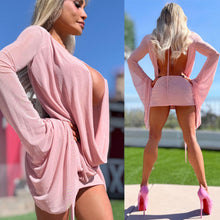 Connie's SUPER SHORT 😈 "RICH & DARING PINK DREAM MESH 🥂🍾  MINI" GIANT COWL Plunge,  Bell Sleeves, Not for the SHY