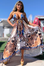 Connie's ***LIMITED*** "ROYAL BLUE THAI TEMPLE PRINCESS 🌺🛕🌺" SILKY RHINESTONE 💎 ACCENT RAYON High Low Maxi, Eye Hook Opening Back and Chest, Cinchable tie front