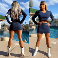 Connie's EXCLUSIVE "LUXURY BLUE With White arm Stripe Sweater Set" Mini Skirt and Top, Stretch Fit, a Perfect Cali Winter Set 🌞