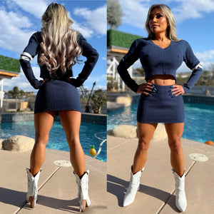 Connie's EXCLUSIVE "LUXURY BLUE With White arm Stripe Sweater Set" Mini Skirt and Top, Stretch Fit, a Perfect Cali Winter Set 🌞