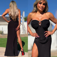 Connie's  LIMITED "BLACK LUXURY RESORT MAXI" EXTREME Single Thigh Cut and GOLD Accent, Stay Put Strappless