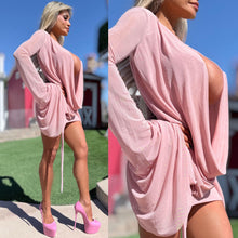 Connie's SUPER SHORT 😈 "RICH & DARING PINK DREAM MESH 🥂🍾  MINI" GIANT COWL Plunge,  Bell Sleeves, Not for the SHY
