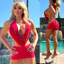 Connie's "Seductive VIXEN Plunge Halter Top" RED with Built in Triangle Top Support .. Made in the USA