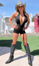 Connie's LIMITED!!! "BLACK SUEDE and Silver Studs WESTERN ROMPER" Suede Belt Silver Buckle, DEEP PLUNGE STRETCH X SUEDE, Adjustable Chest Tie