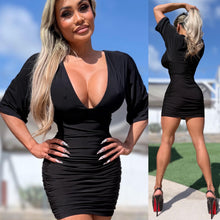Connie's EXCLUSIVE "MARILYN'S 3/4 Sleeve RICH RUCHED MINI" BLACK MARTINI 🍸 SHEEN, NO BRA NEEDED with DOUBLE FABRIC SUPPORT .... Made in USA