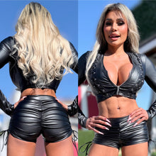 Connie's LIMITED ITEM "BLACK STRETCH X-LEATHER ZIP FRONT CROP TOP/JACKET" WEAVE ACCENTS, FULL ZIP, Stretch X Leather Fabric