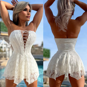 Connie's "ANGEL VIXEN LACE MICRO Mini" with Built in Booty Shorts, Adjustable Corset Chest, Full Stretch Fit