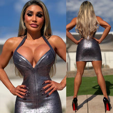 Connie's GUNMETAL METALLIC EXCLUSIVE (COMPARE at Department Stores $199) "CHEST POPPIN BANDAGE MINI" TIGHT and BODY SHAPING, DEEP CHEST, SHORT HALTER, NO BRA NEEDED