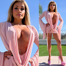 Connie's SUPER SHORT 😈 "RICH & DARING PINK DREAM MESH 🥂🍾  MINI" GIANT COWL Plunge,  Bell Sleeves, Not for the SHY