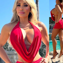 Connie's "Seductive VIXEN Plunge Halter Top" RED with Built in Triangle Top Support .. Made in the USA