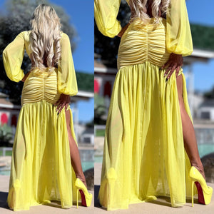 Connie's "EXOTIC YELLOW DAISY 🌴 Island Princess Maxi" Stretch Fit, Lined Upper and Lower, See thru Arms and Legs, One Thigh Opening🥂 Made in USA