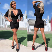 Connie's EXCLUSIVE "MARILYN'S 3/4 Sleeve RICH RUCHED MINI" BLACK MARTINI 🍸 SHEEN, NO BRA NEEDED with DOUBLE FABRIC SUPPORT .... Made in USA