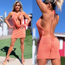 Connie's SEMI SHEER-ish "SWEET PEACH KNIT COWL PLUNGE MINI" Adjustable halter and back Tie for a Perfect fit