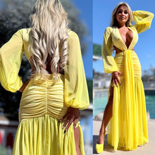 Connie's "EXOTIC YELLOW DAISY 🌴 Island Princess Maxi" Stretch Fit, Lined Upper and Lower, See thru Arms and Legs, One Thigh Opening🥂 Made in USA
