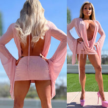 Connie's SUPER SHORT 😈 "RICH & DARING PINK DREAM MESH 🥂🍾  MINI" GIANT COWL Plunge,  Bell Sleeves, Not for the SHY