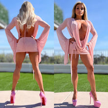 Connie's SUPER SHORT 😈 "RICH & DARING PINK DREAM MESH 🥂🍾  MINI" GIANT COWL Plunge,  Bell Sleeves, Not for the SHY