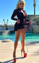 "RICH BLACK MESH Mini Dress" With Red Burnout Bad Girl Design Detailing, Deep Zip Front Plunge, and Built in Booty Shorts