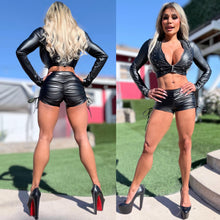 Connie's LIMITED ITEM "BLACK STRETCH X-LEATHER ZIP FRONT CROP TOP/JACKET" WEAVE ACCENTS, FULL ZIP, Stretch X Leather Fabric