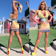 Connie's EXCLUSIVE "DESERT SUNSET MINI DRESS" SUNSET LOWER CROCHET UPPER, Adjustable Halter Neck and Back tie