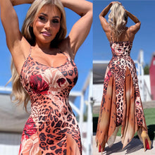 Connie's *LIMITED* "SEDUCTIVE THORN ROSE LEOPARD Maxi" Full Stretch Fit, Unlined Print Fabric and See Thru Thigh High Mesh Inlays