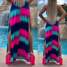 *LIMITED* Connie's  "MULTICOLOR RESORT MAXI" Cowl Neck Plunge, High DOUBLE SPLIT Thighs, Super Stretch Fit