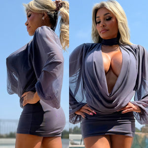 Connie's "SEE THRU AND ELEGANT EXTREME PLUNGE Mini” RICH GRAY Upper is Semi Sheer-Ish Stretch To Fit Lower
