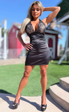 Connie's "RICH NIGHTS In BLACK SATIN" STRETCH BLACK LACE & SATIN HALTER MINI🥂 Adjustable Halter tie Neck