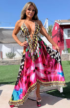 Connie's ***LIMITED*** "BUTTERFLY BLISS 🦋" SILKY RHINESTONE 💎 ACCENT RAYON High Low Maxi, Eye Hook Opening Back and Chest, Cinchable tie front