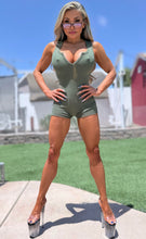 Connie's EXCLUSIVE "SUPER SHORT MICRO Ribbed Romper🥂" CAMO GREEN Unlined Scandal , Super Stretch Spandex Fit