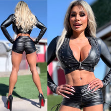 Connie's LIMITED ITEM "BLACK STRETCH X-LEATHER ZIP FRONT CROP TOP/JACKET" WEAVE ACCENTS, FULL ZIP, Stretch X Leather Fabric