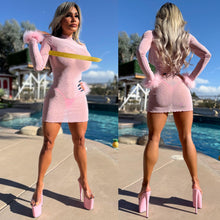 Connie's "BABY PINK DIAMONDS Mini Dress" With Maribou Arm Detail, FULL STRETCH SEE THRU Mesh and Rhinestones