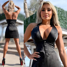 Connie's DEEP PLUNGE "STRETCH BLACK SATIN HALTER MINI🥂" With a Corset Waist for a Tight Fit and Adjustable Halter tie Neck