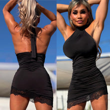 Connie's EXCLUSIVE "SEDUCTIVE SHORT ASYMMETRICAL LACE TRIM MINI DRESS" BLACK, LINED and SERIOUSLY SEDUCTIVE, Adjustable Halter Neck tie