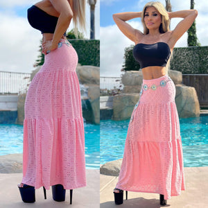 FINAL SALE Connie's Embrace the charm of the WEST "LOW RISE, RICH STRETCH Eyelet Lace MAXI Skirt"... PINK ... Made in USA