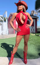 Connie's "PEARL CHAIN BACKLESS COWL PLUNGE Mini" EXTREME CHEST Exposure, RED SHEEN, Double Fabric ... Made in the USA