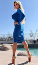 Connie's EXCLUSIVE "ROYAL BLUE VIXEN Pencil Midi" DEEP Plunge Chest, Ruched Lower, With a SUPER Stretch Tight Fit